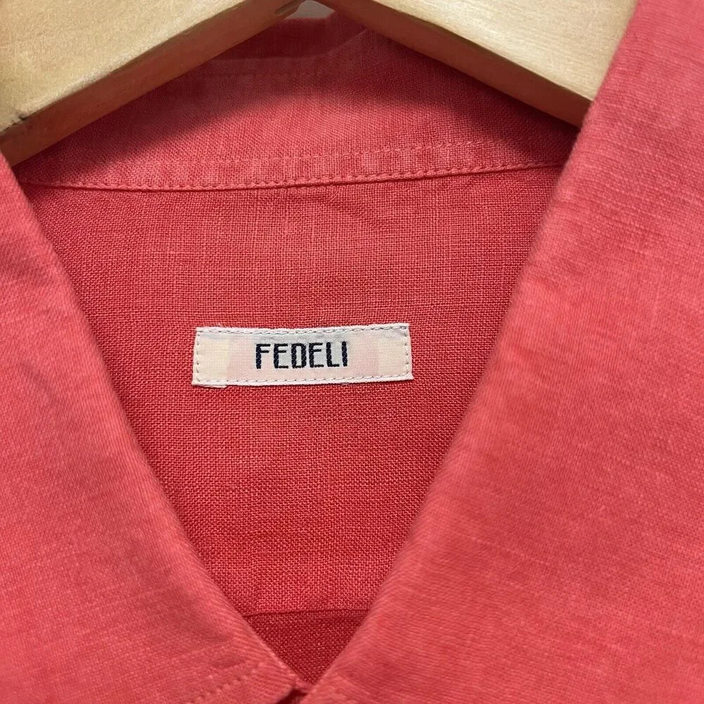 FEDELI Men’s Button Down Linen Shirt Long Sleeve Summer Shirt Coral Size 45 XL - Picture 9 of 11